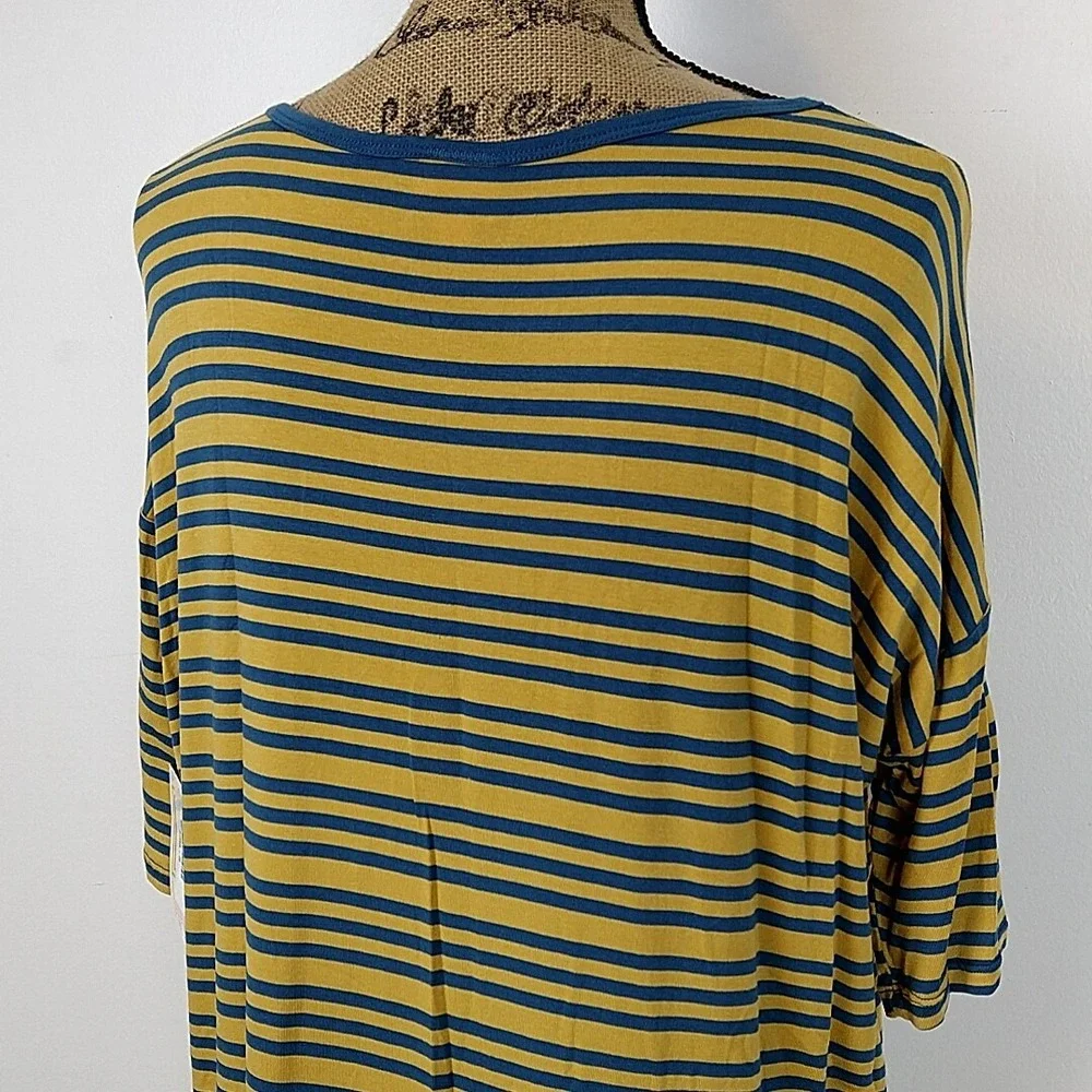 LuLaRoe Irma Tunic Top Womens Small Mustard Navy Blue Striped High Low Relaxed